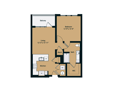 Floor plan for 1 bed, 1 bath, 769 sqft